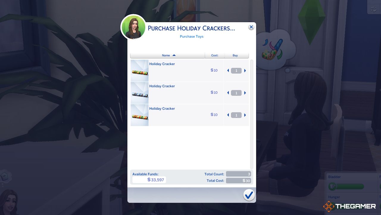 The purchase menu where a Sim purchases Holiday Crackers