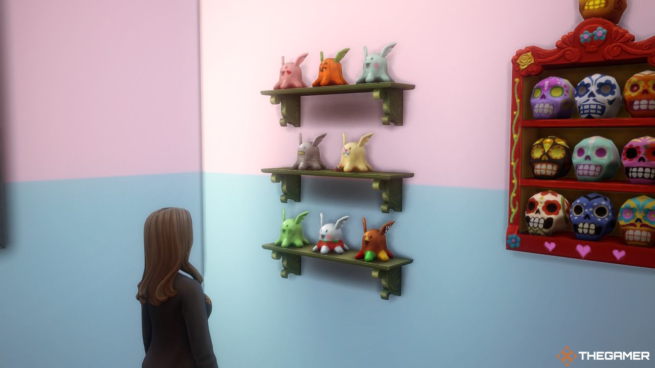 A Sim looks at ther collection of Holiday Crackeer Plushies