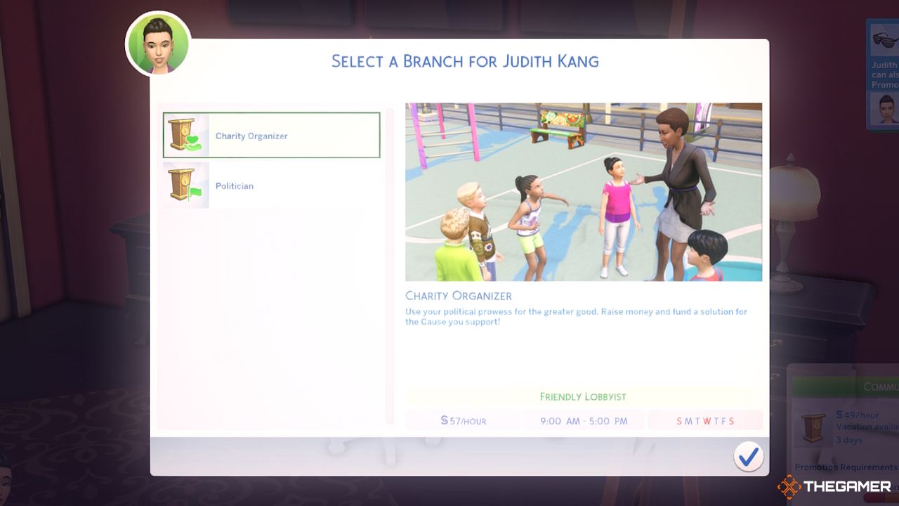A Sim selects the Charity Organizer branch in the Politician Career