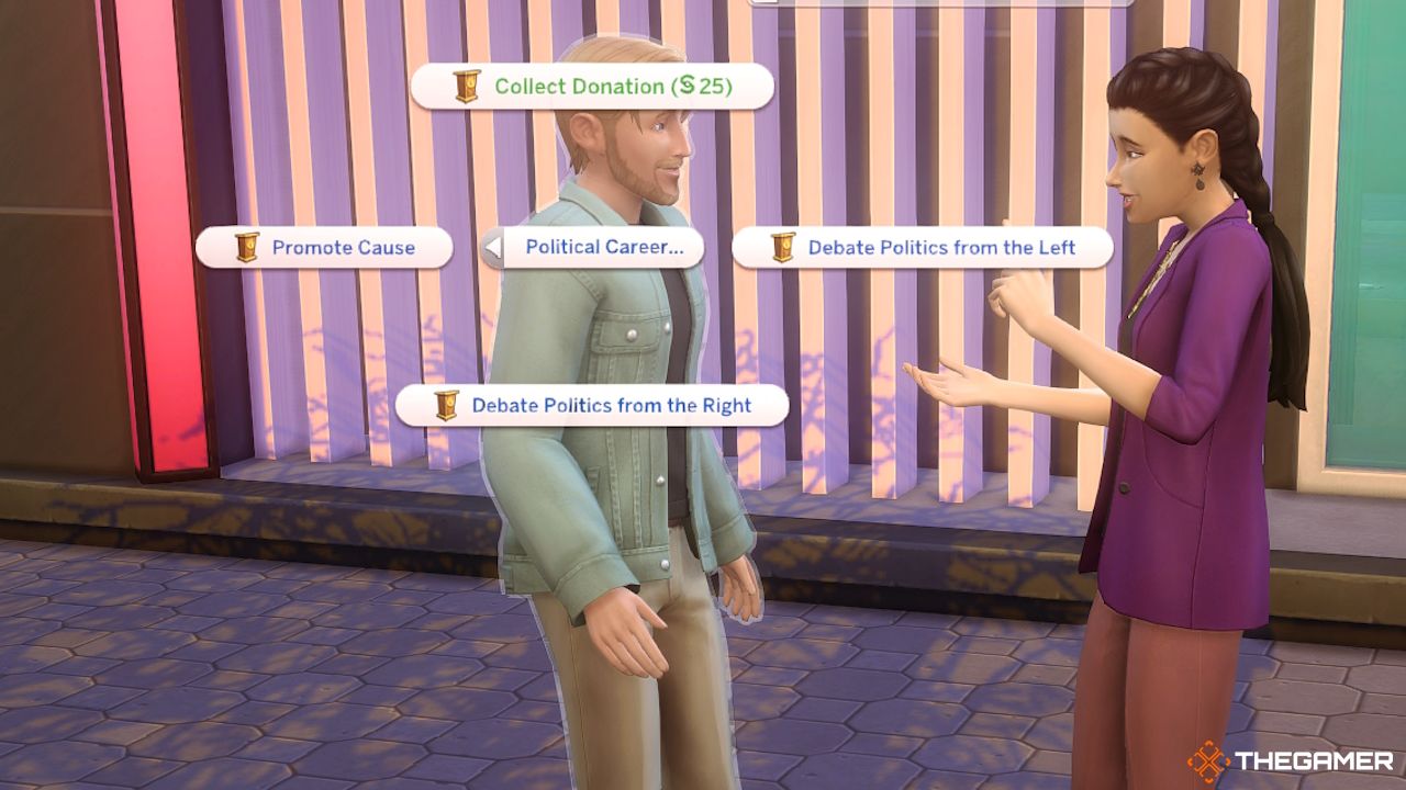 A Sim chooses to collect donations for the Politician career