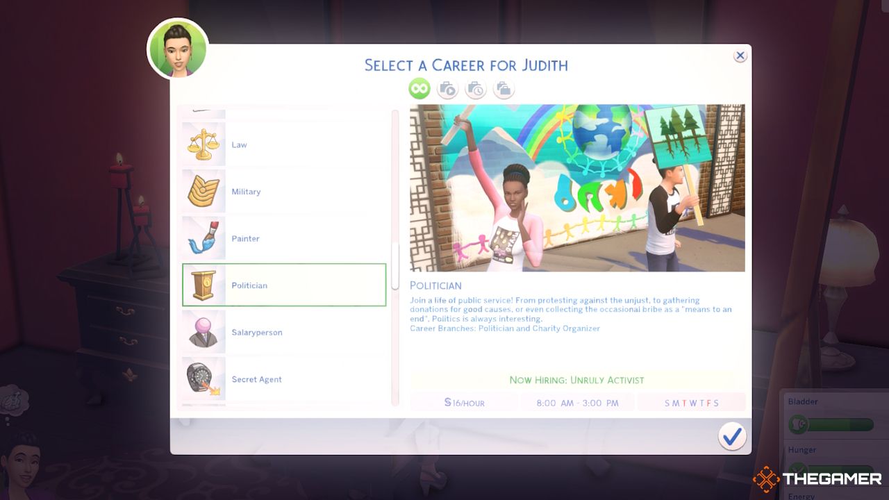 How To Advance The Politician Career In The Sims 4 City Living   Sims 4 Politician Career Select New Career 