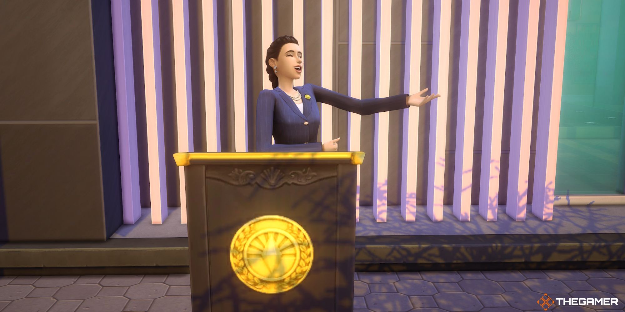 A Sim in the Politician career gives a speech
