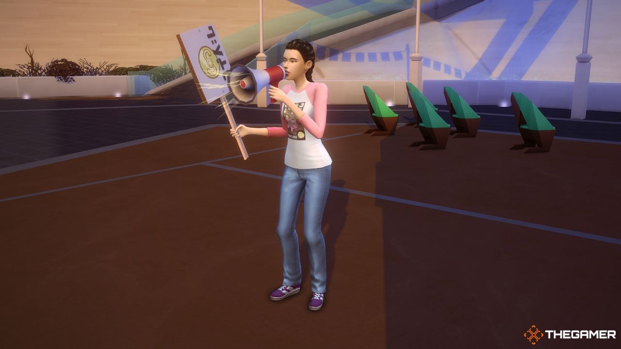 A Poltician Sim protesting outside with a megaphone
