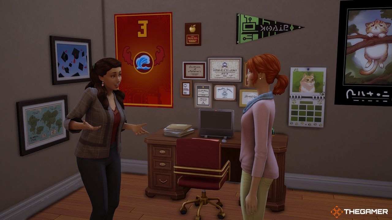 A Sims 4 professor chats with their student
