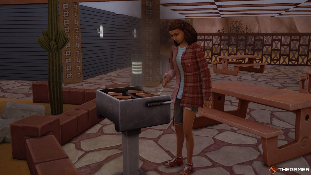 A poor Sim cooks food at a grill 