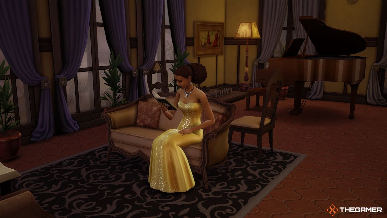 A rich Sims reads a book in their mansion home