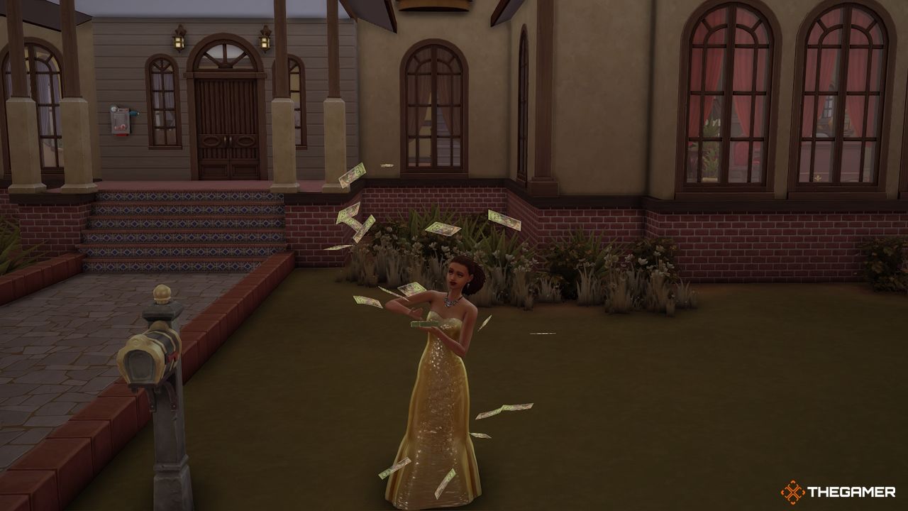 A rich Sim flaunts money in front of their mansion