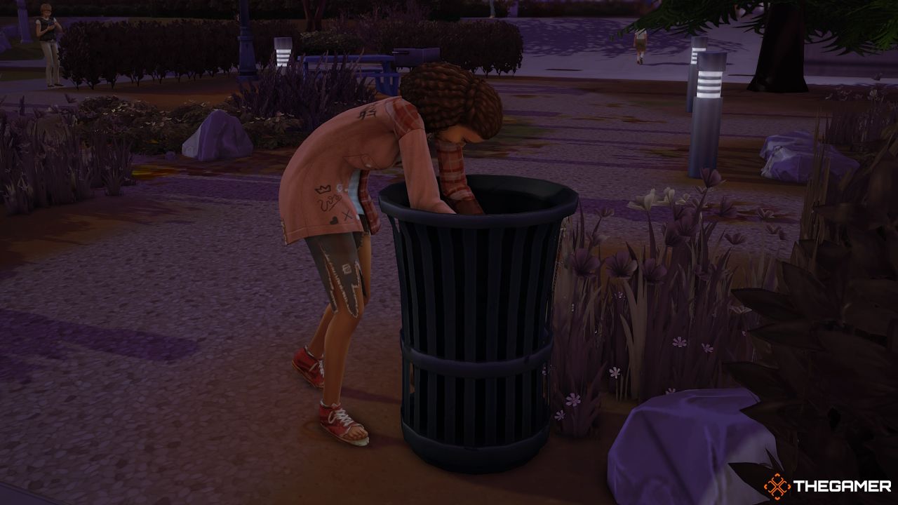 A Sim rummages through a trash can for food