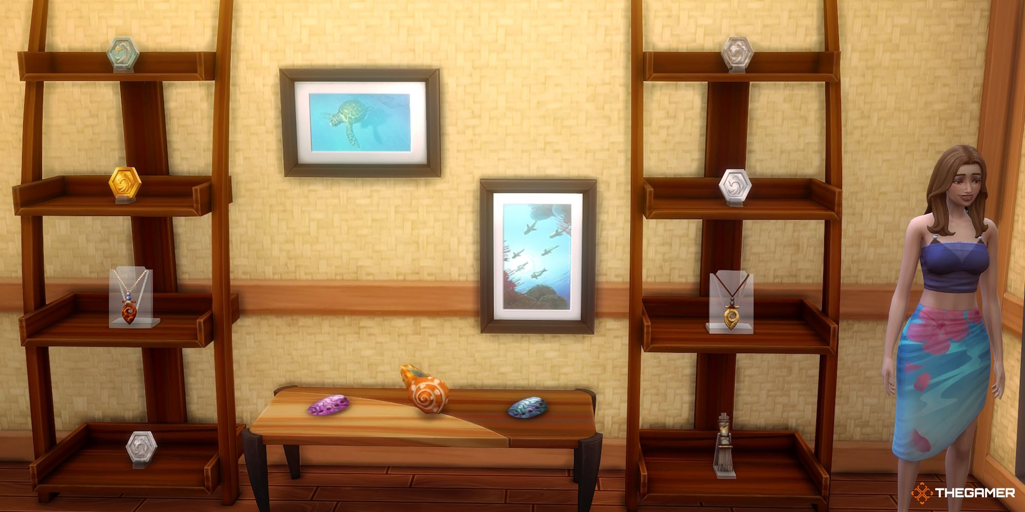 A Sim displays their Seashells and Buried Treasure collections