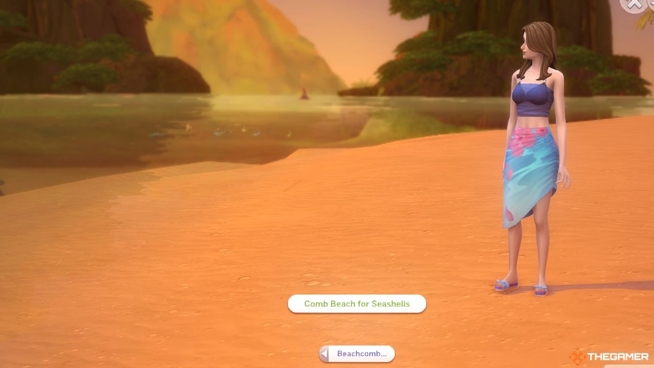 A Sim on the beach combing for seashells