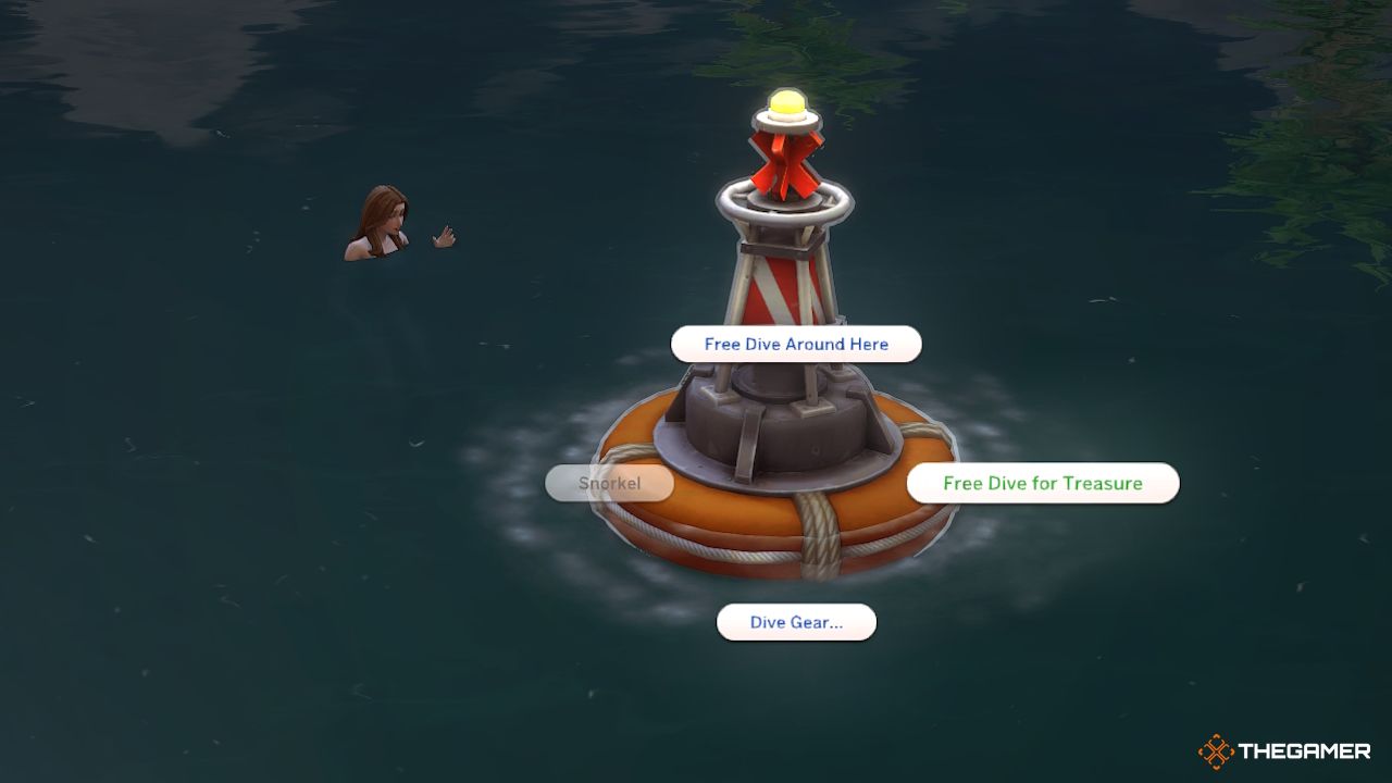 A Sim by an orange buoy goes free diving for treasure
