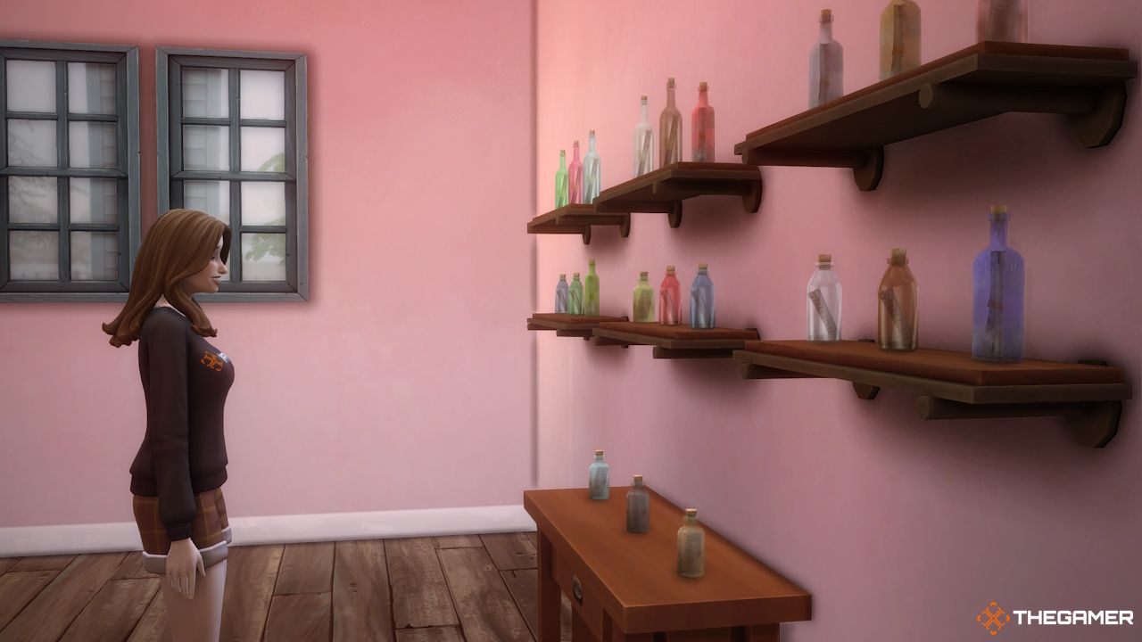 A Sim looks at their Messages in a Bottle collection