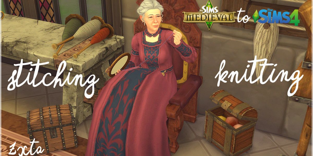 Image of an elderly Sim in medieval garb doing embroidery while sitting next to some CC chests.