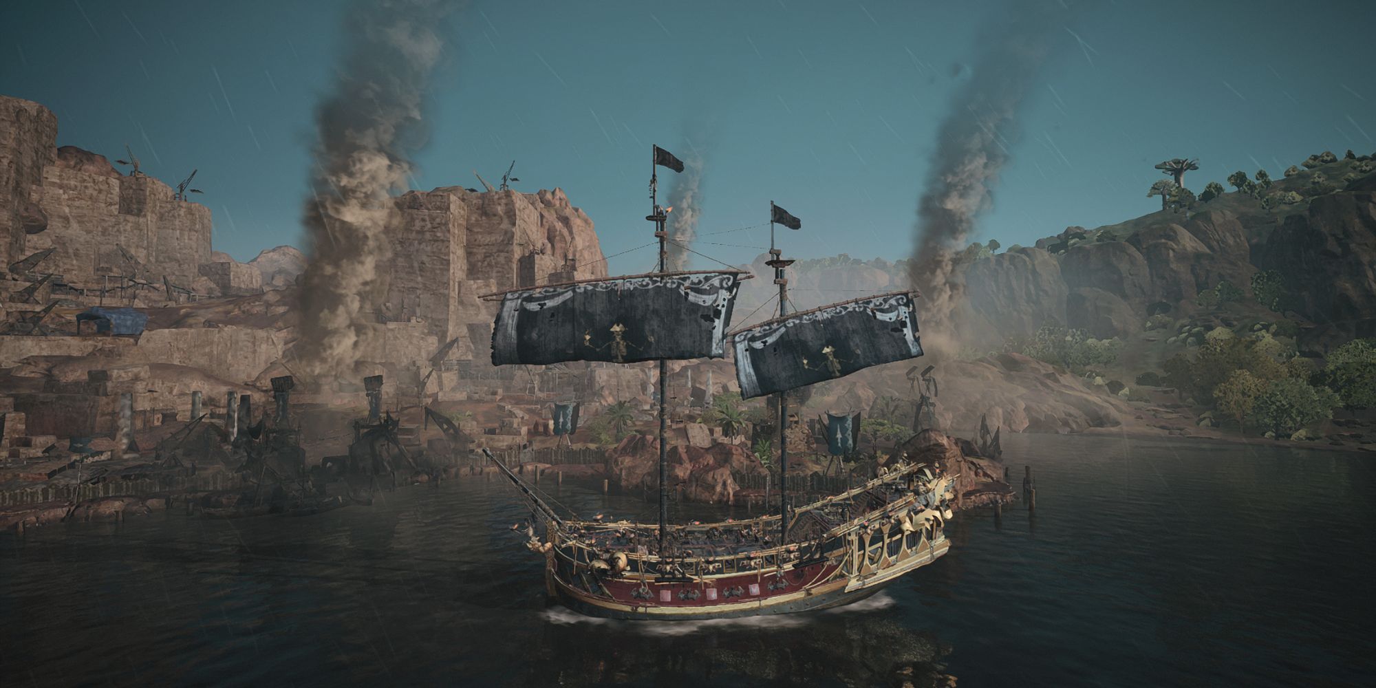 Skull And Bones Ship Standing In Front Of Plundered Outpost