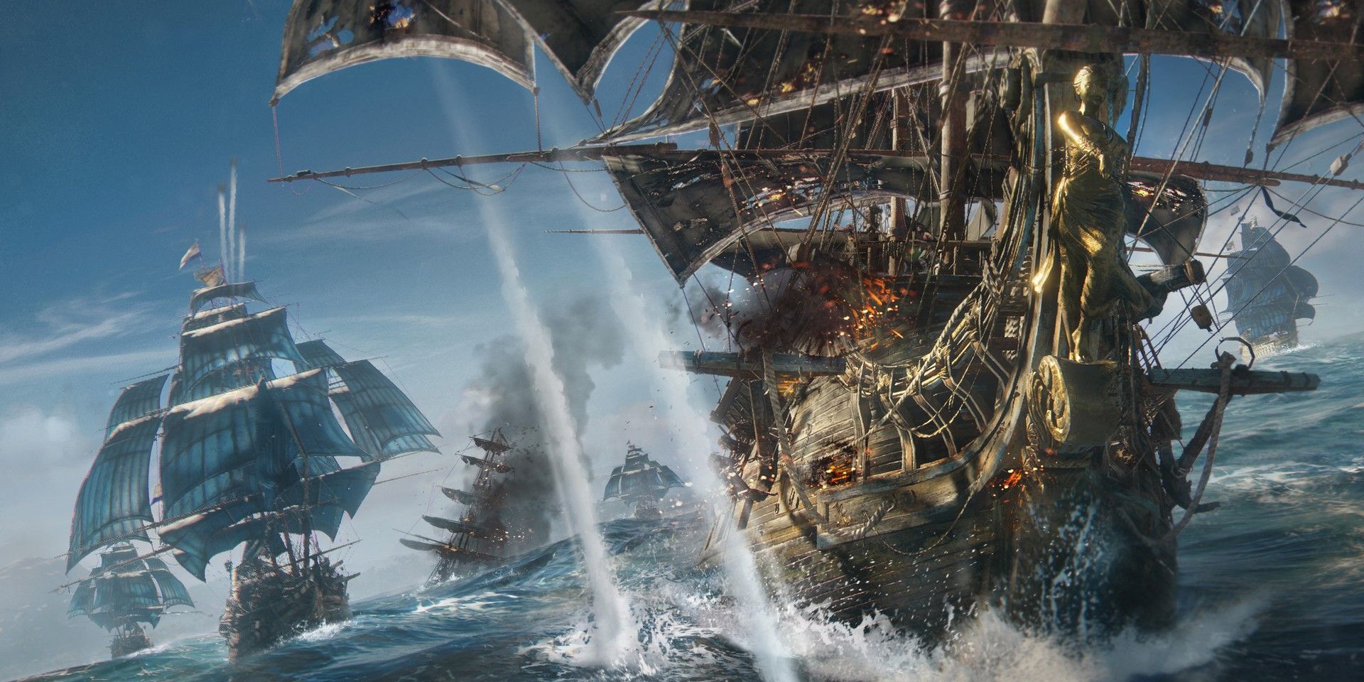 Promotional Image Showing Ship Combat In Skull And Bones, With A Damaged Ship On Fire.