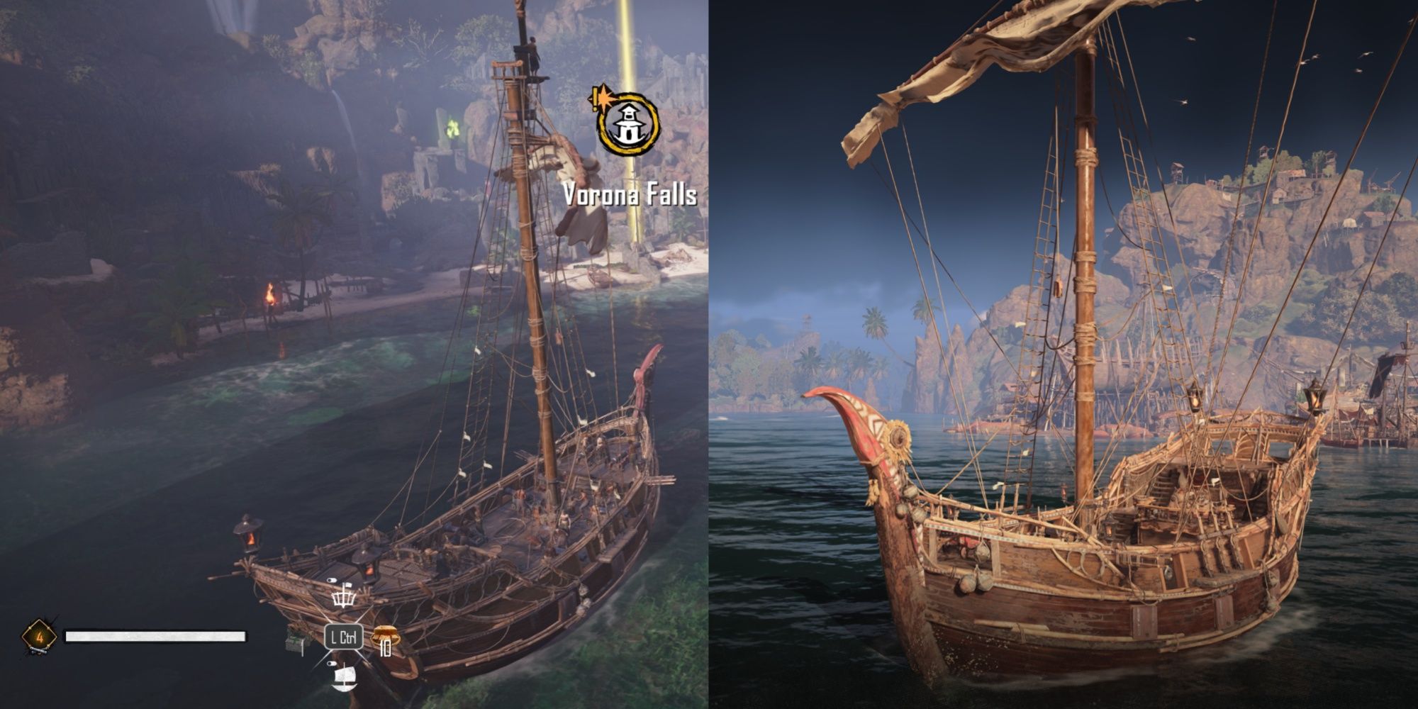 A Ship Near a Dock And The Ship Customization Screen in Skull And Bones.