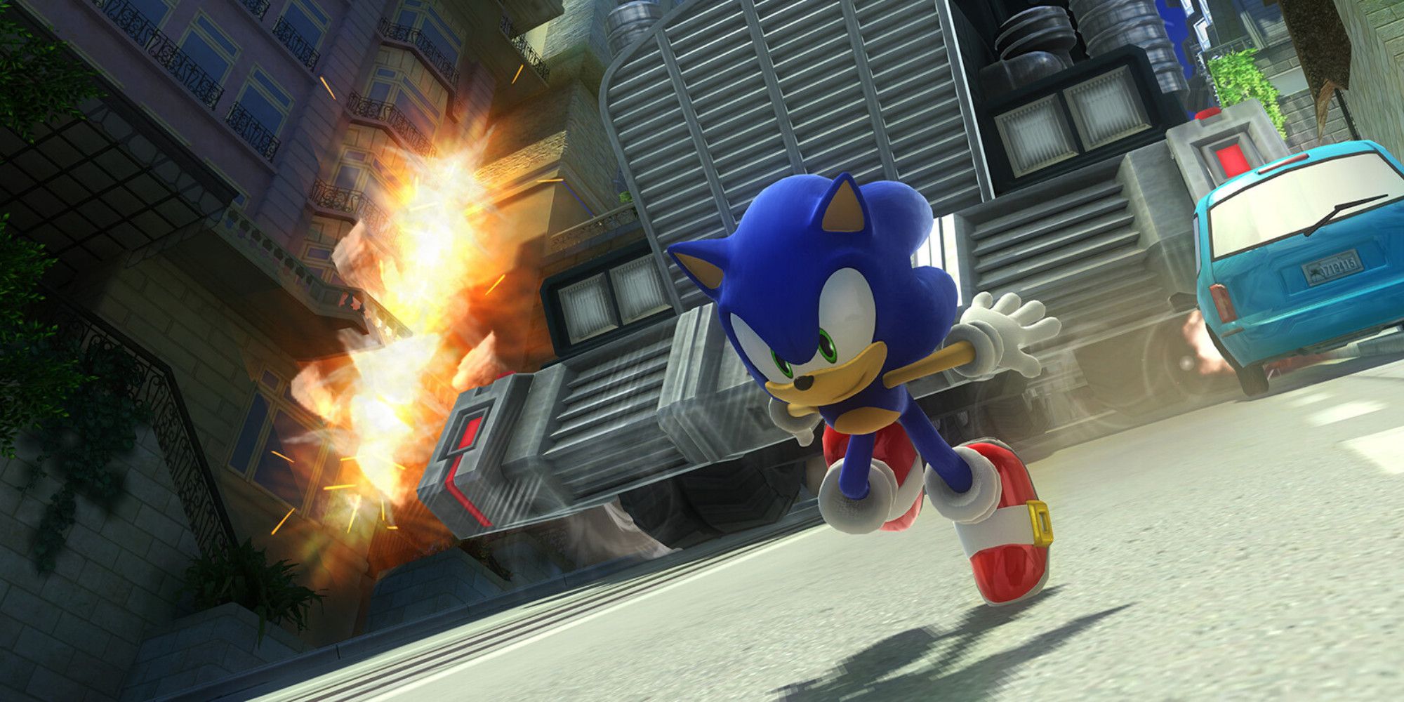 Sonic running downhill from a truck in Sonic Generations