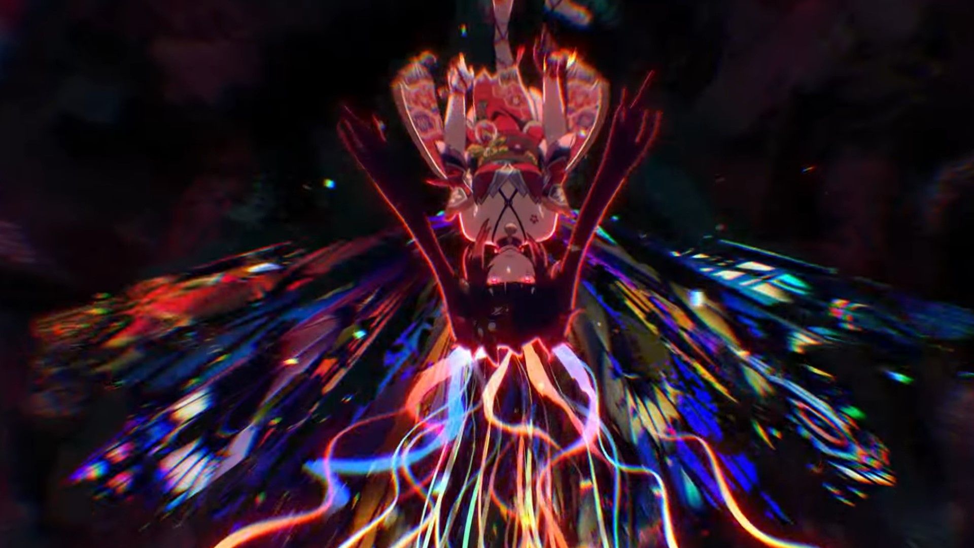 Sparkle&rsquo;s eyes glow red as she is surrounded by strings of colour in Honkai Star Rail.