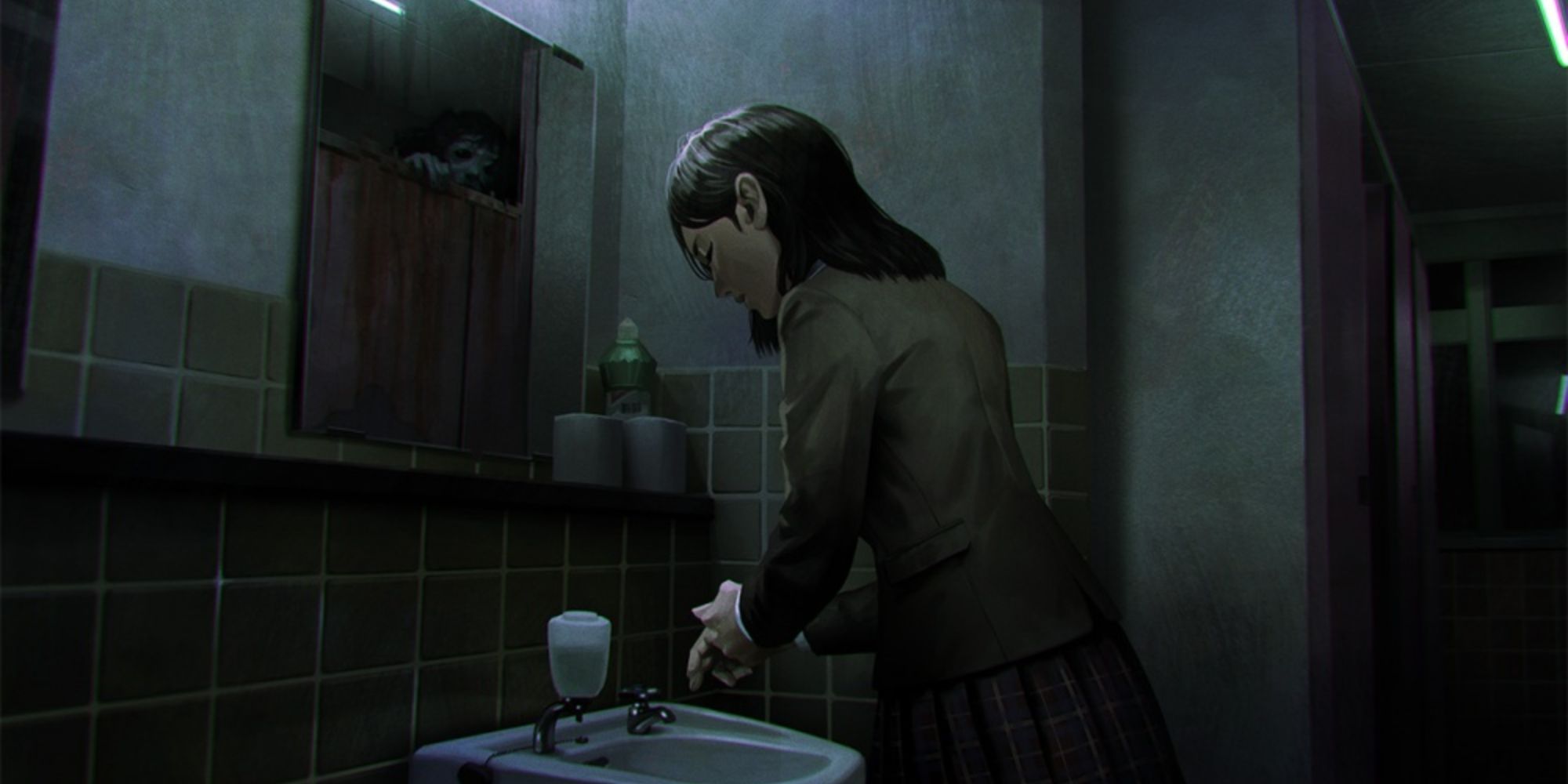 A girl washes her hands while a ghost watches from the reflection on the mirror