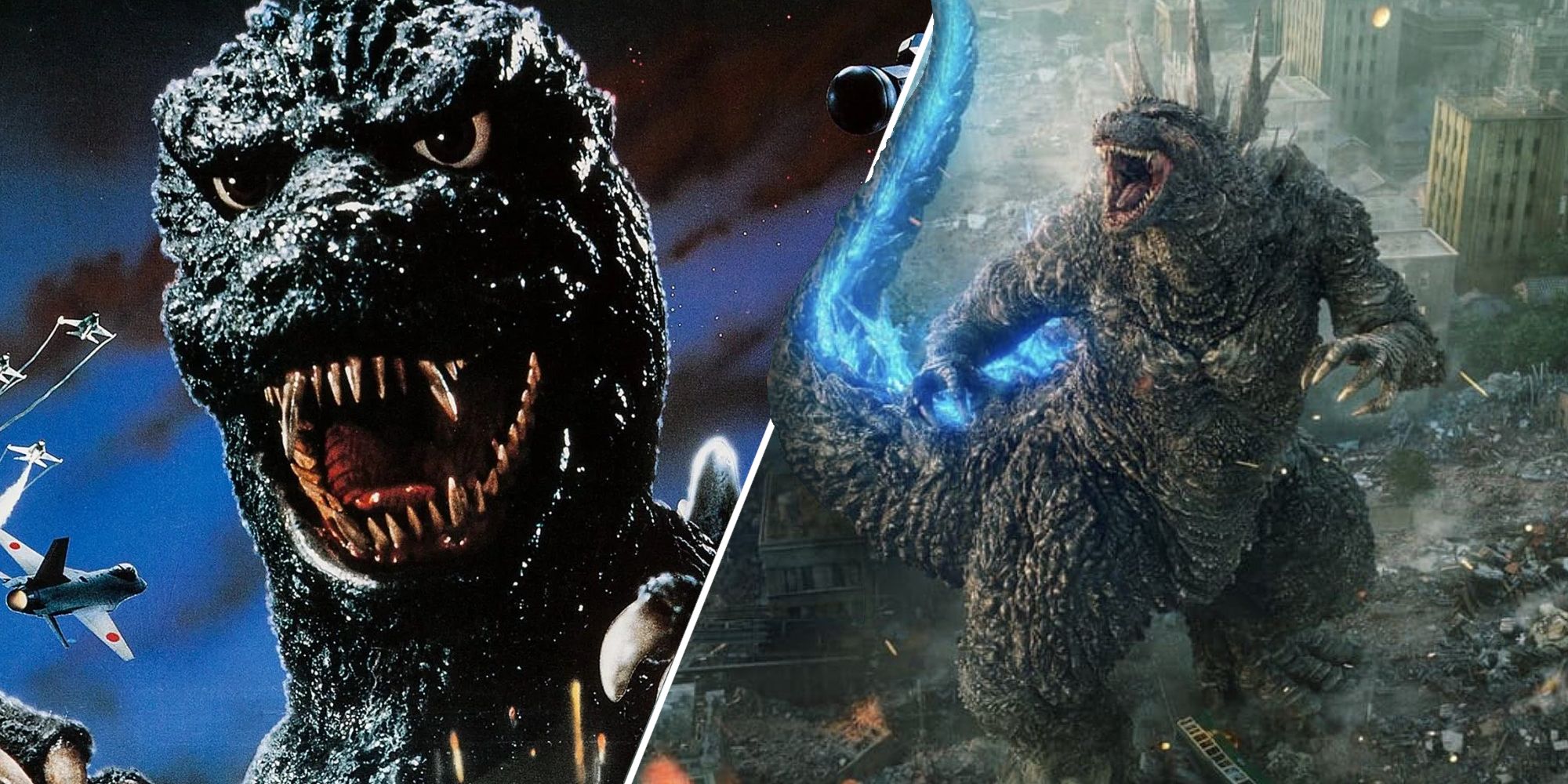 Split image of Godzilla from Godzilla's Revenge and Godzilla Minus One