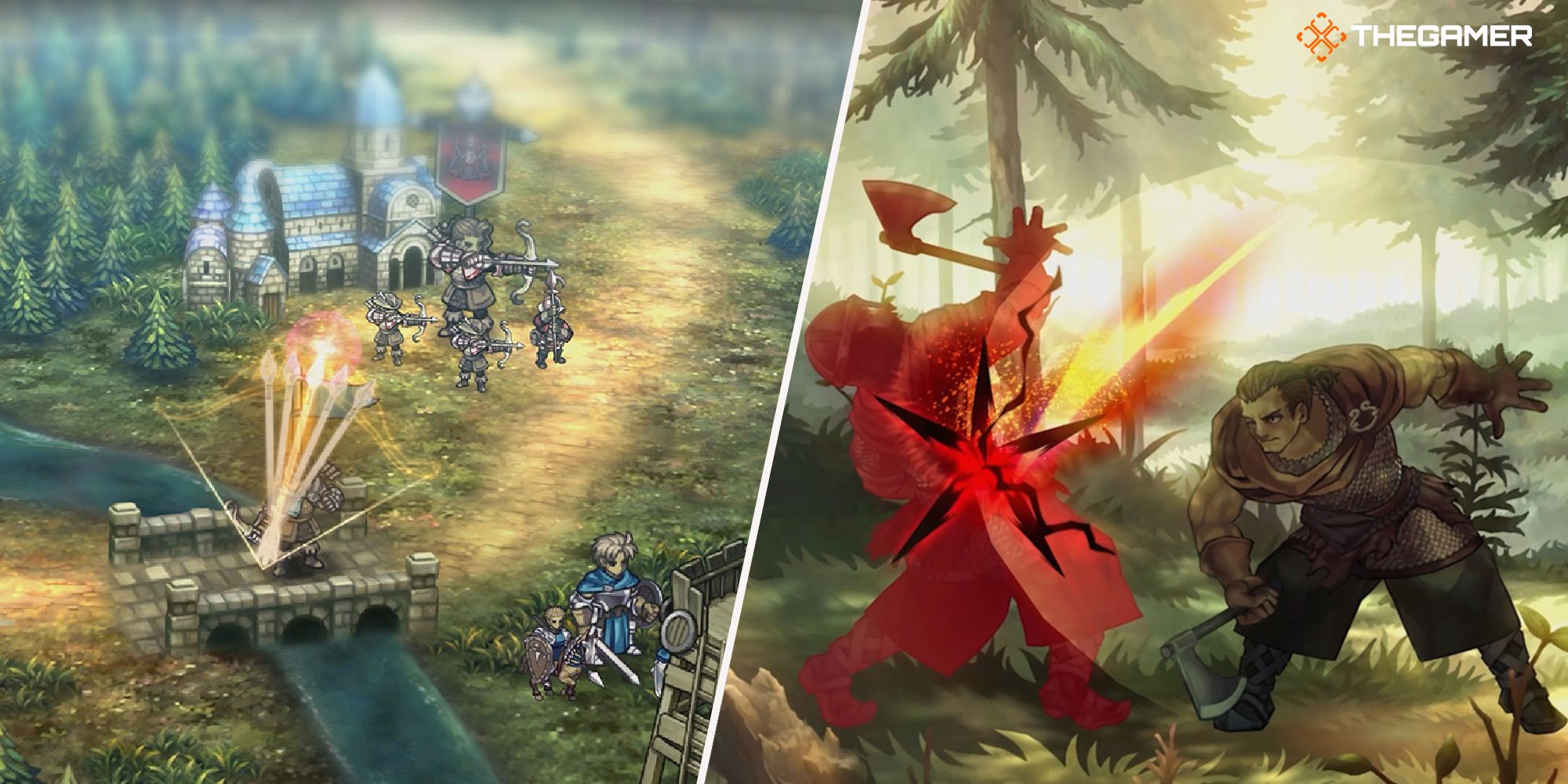 Split image of the overworld and battle screens in Unicorn Overlord