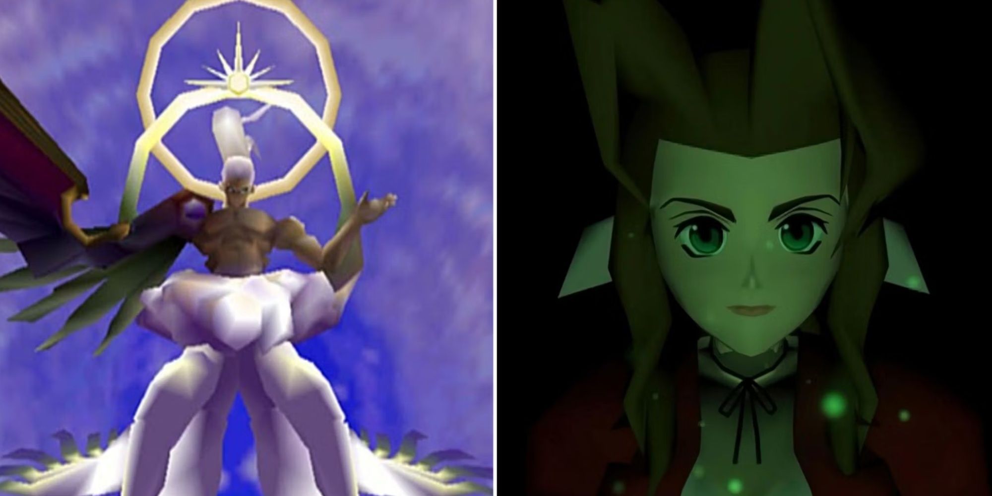 Split image screenshots of the Safer Sephiroth boss fight and Aerith Gainsborough in Final Fantasy 7