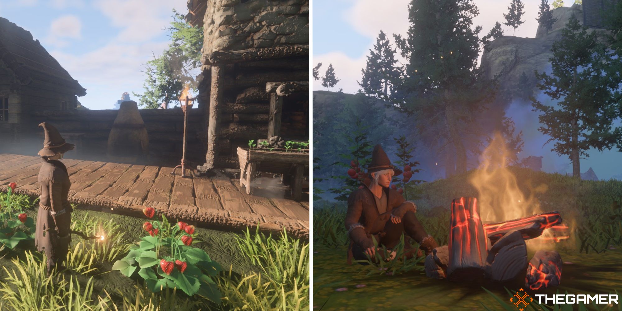 split image showing player next to strawberries and image of player sitting at campfire