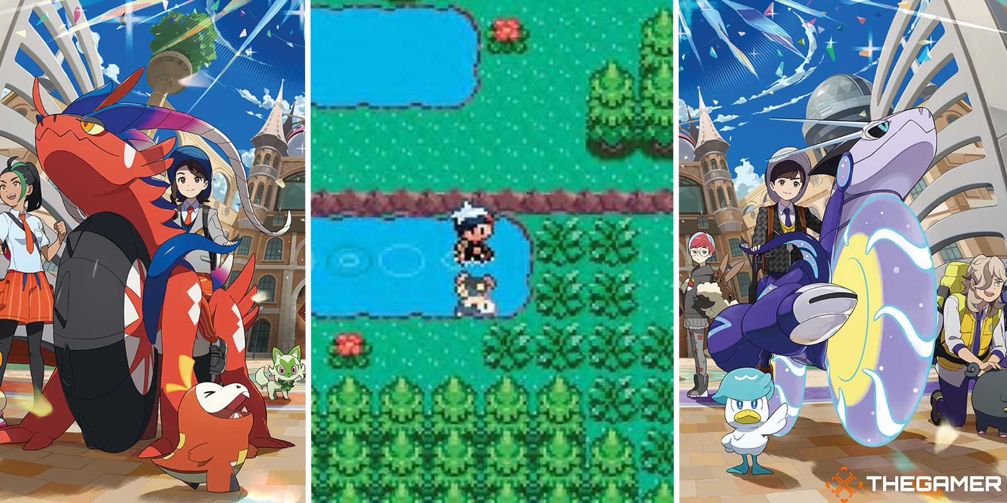 split image showing pokemon ruby gameplay spliced into picture of scarlet and violet official art