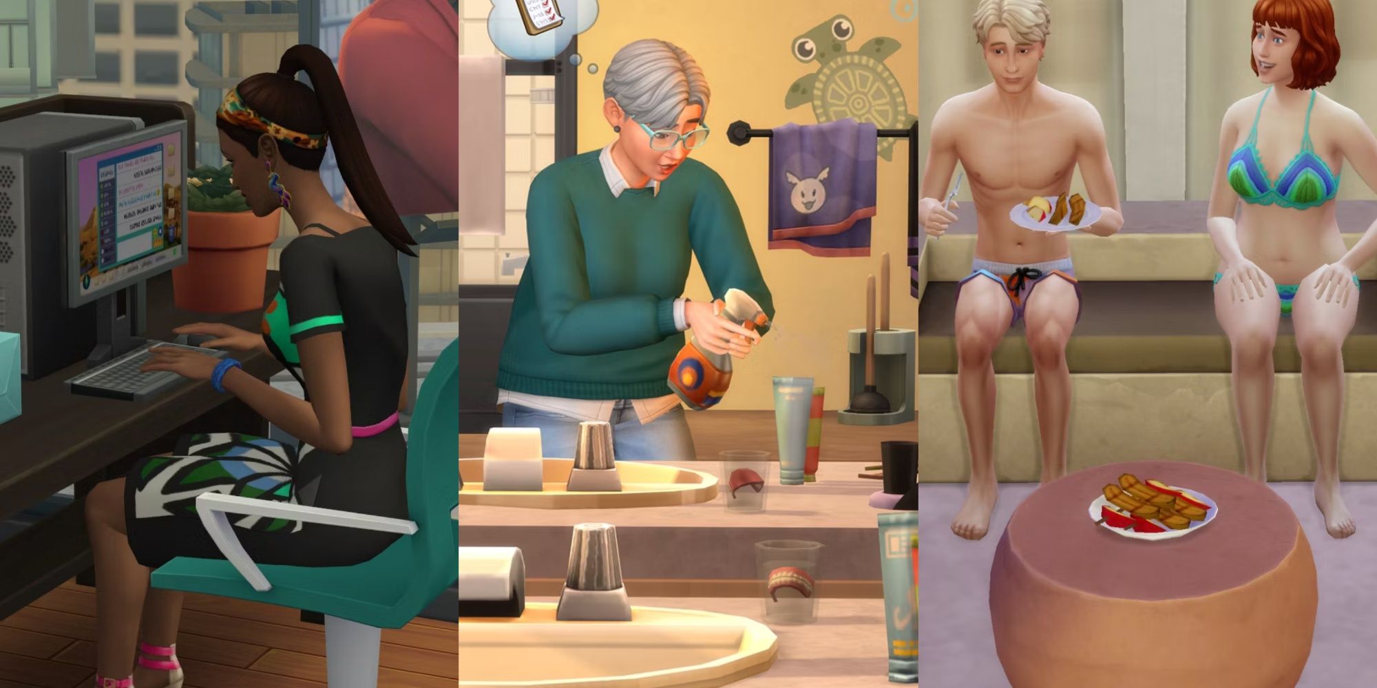 Split images of a Sim at a computer, a Sim cleaning, and Sims eating food in The Sims 4