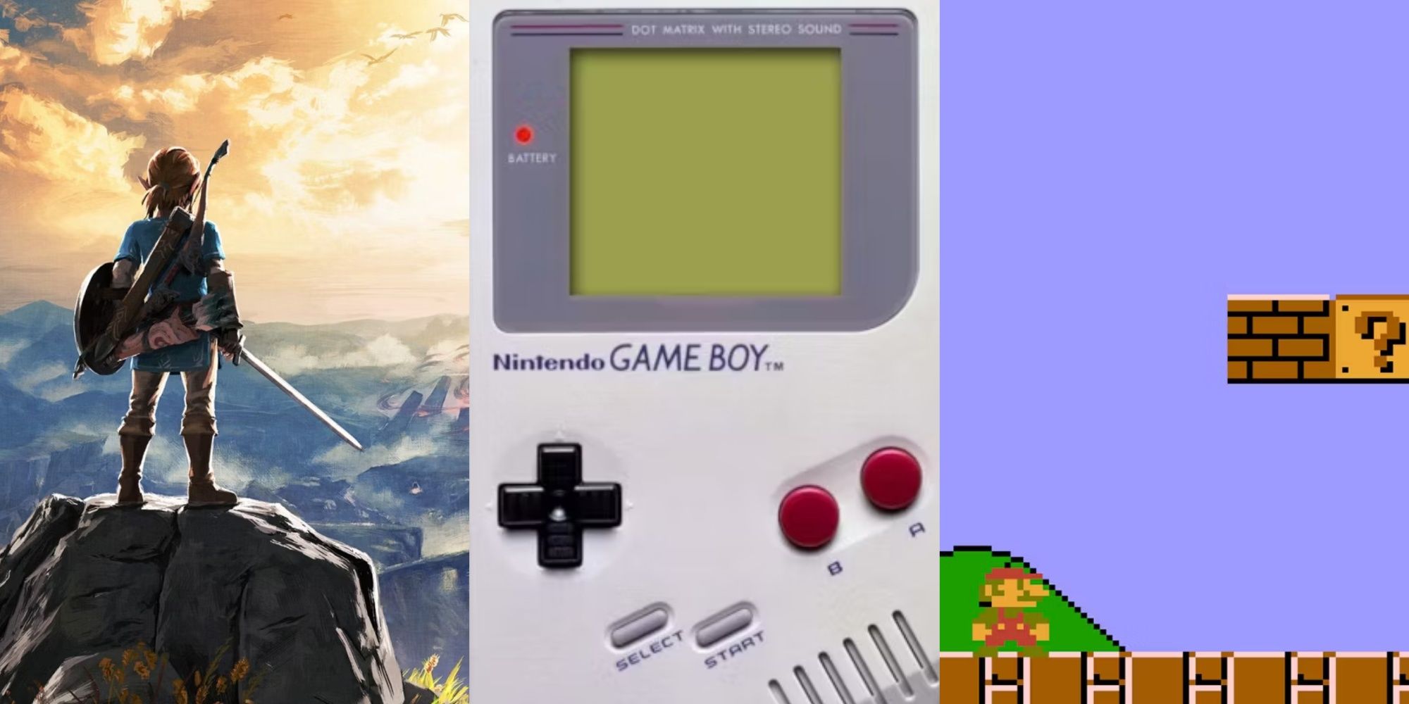 Split images of Breath of the Wild, a Game Boy, and Super Mario Bros