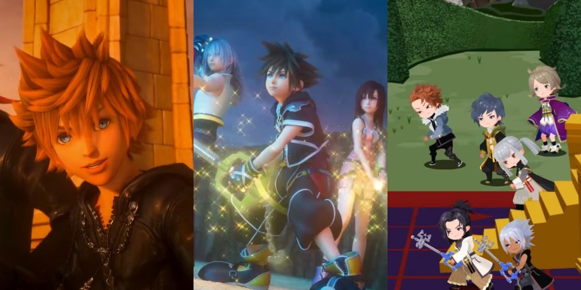 Split images of Roxas, Riku, Sora, and Kairi, and the cast of Kingdom Hearts Dark Road