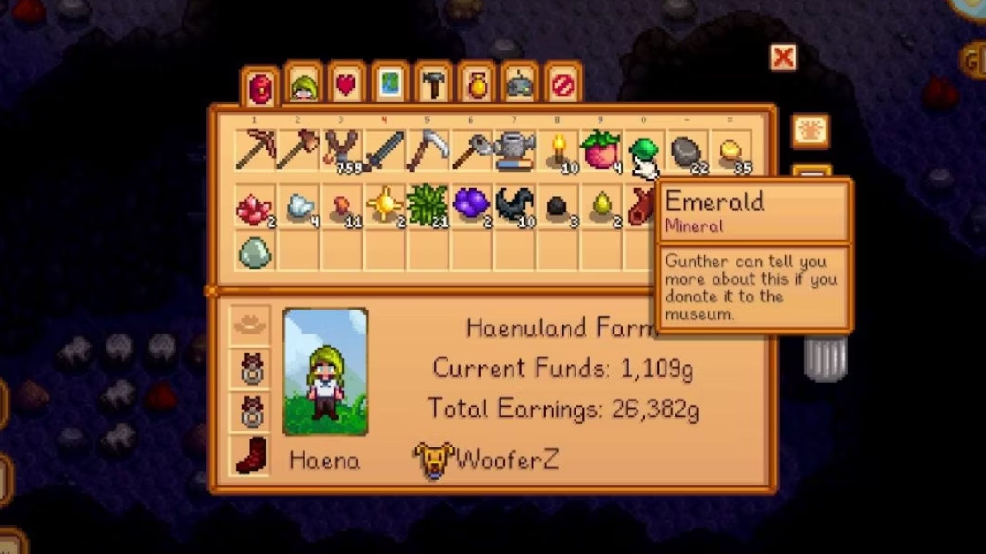 stardew valley player inventory with emerald selected