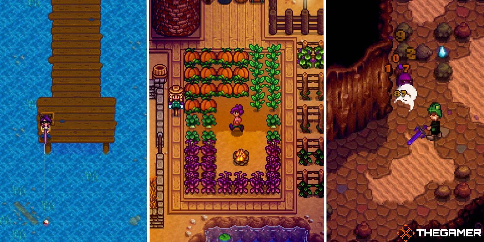 stardew valley split image showing fishing, farming, and combat