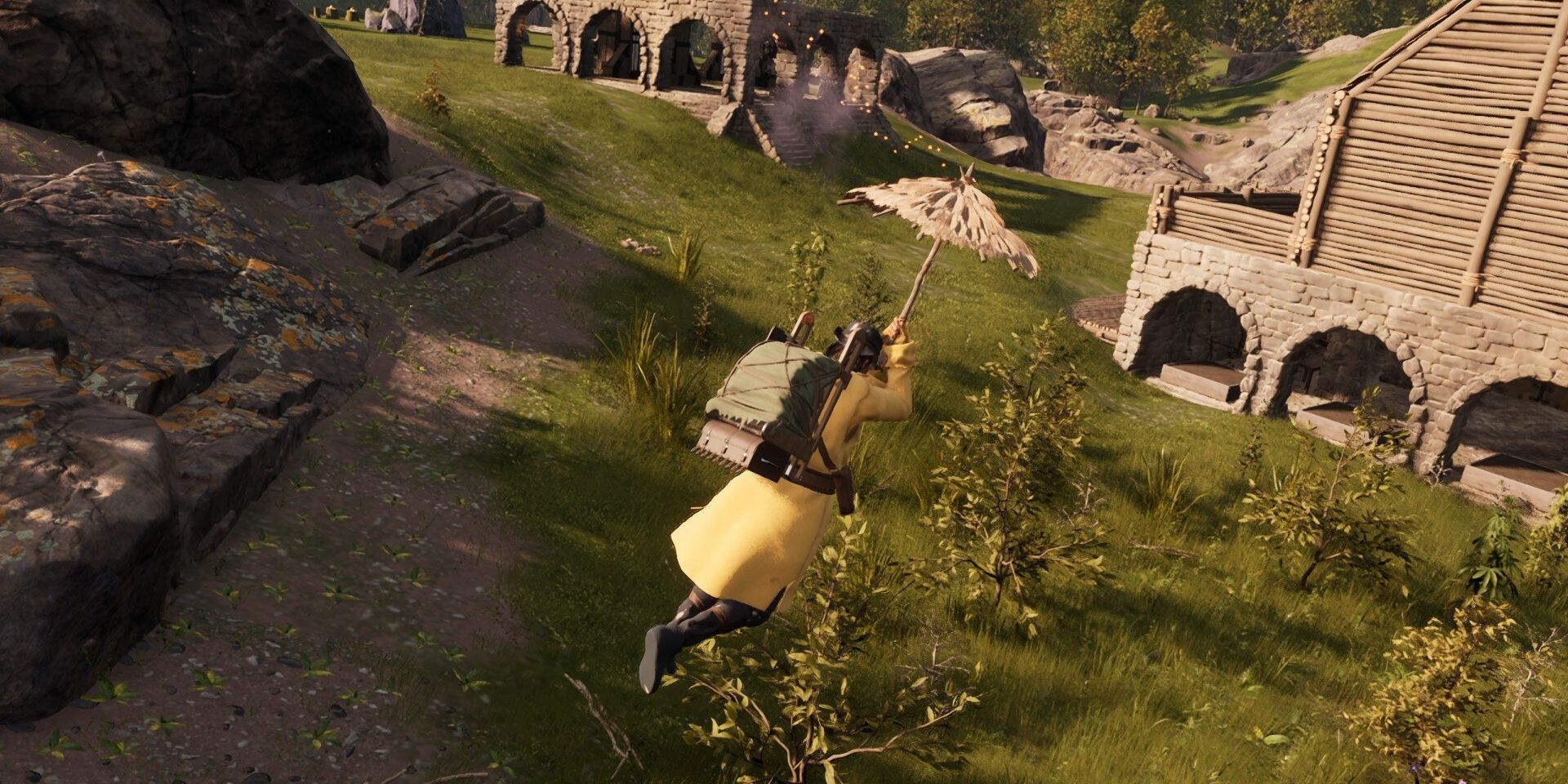 player gliding using a simple umbrella in nightingale