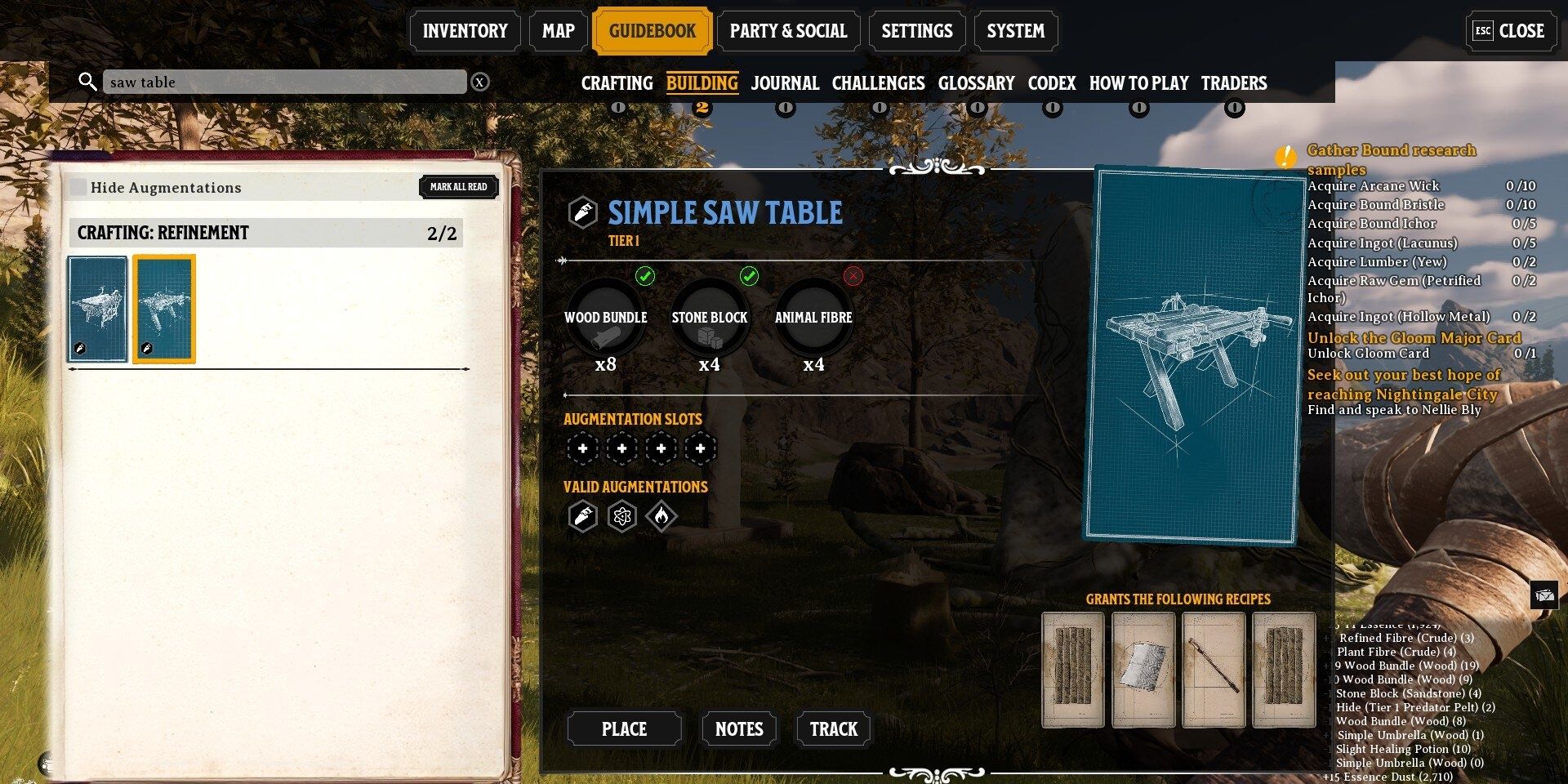 the crafting recipe page for the simple saw table in nightingale 