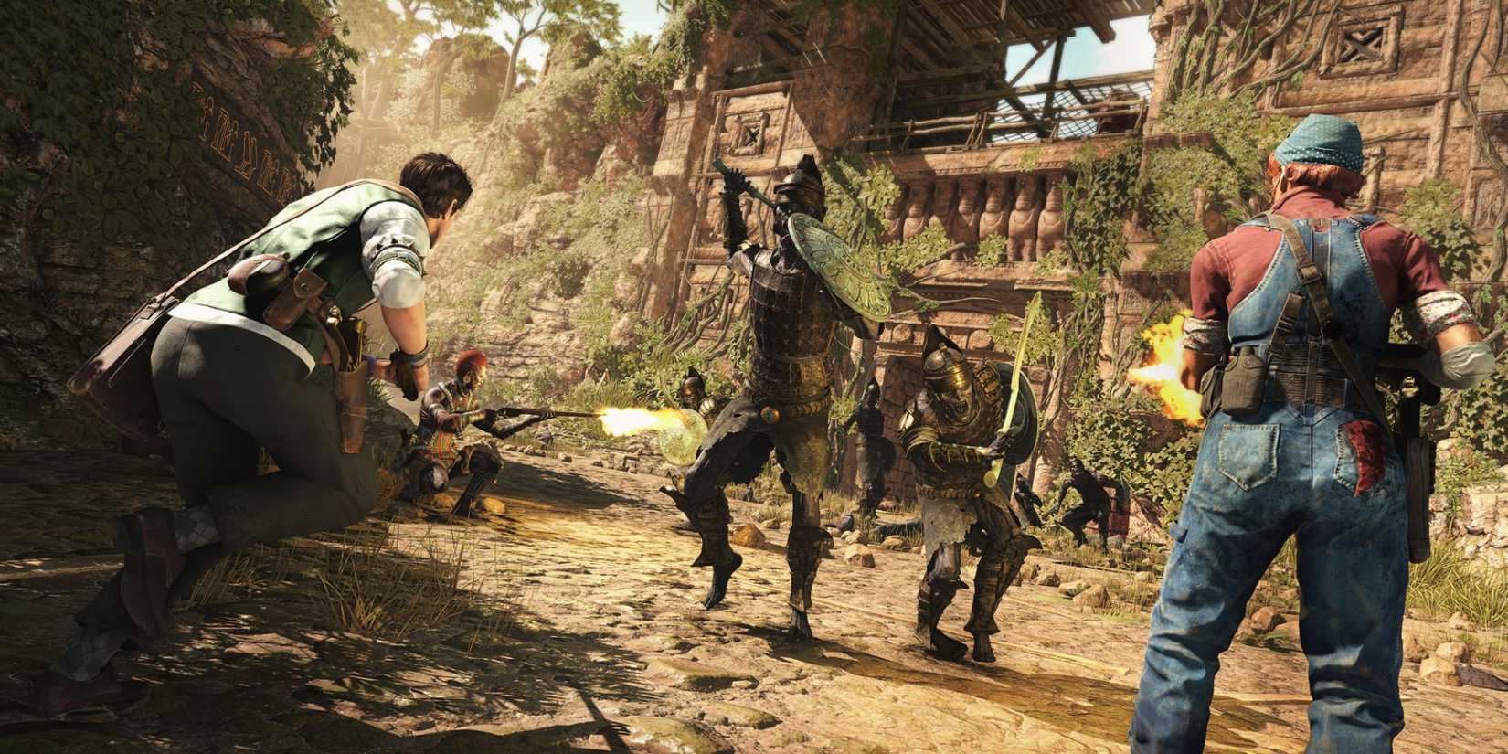 Players defend themselves from enemies outside the temple in a strange brigade.