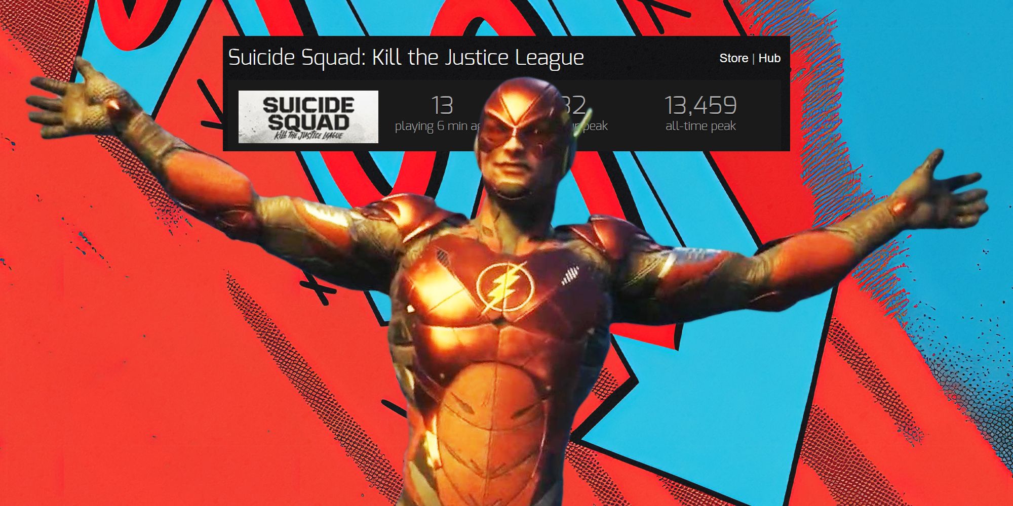 Suicide Squad Kill the Justice League's Flash with arms outspread in front of the game's dwindling Steam numbers