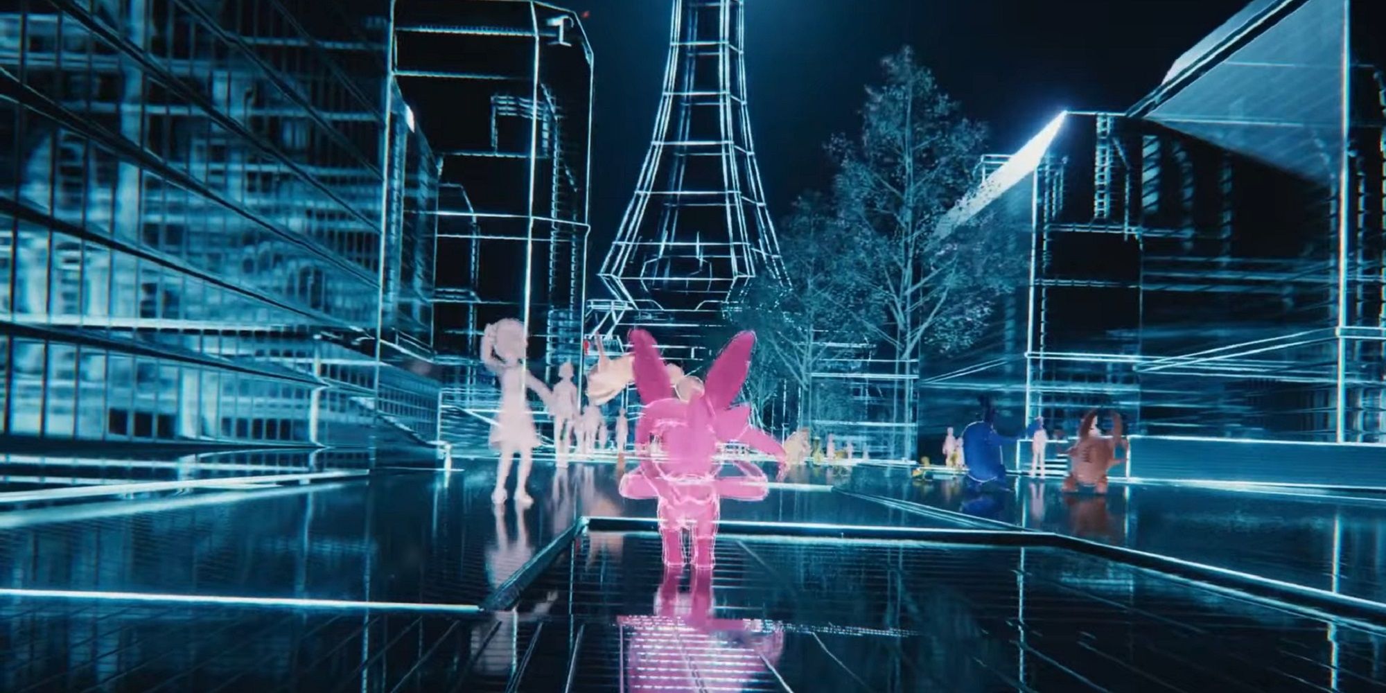 Sylveon walking through a neon grid city of Lumiose in Pokemon Legends z-A