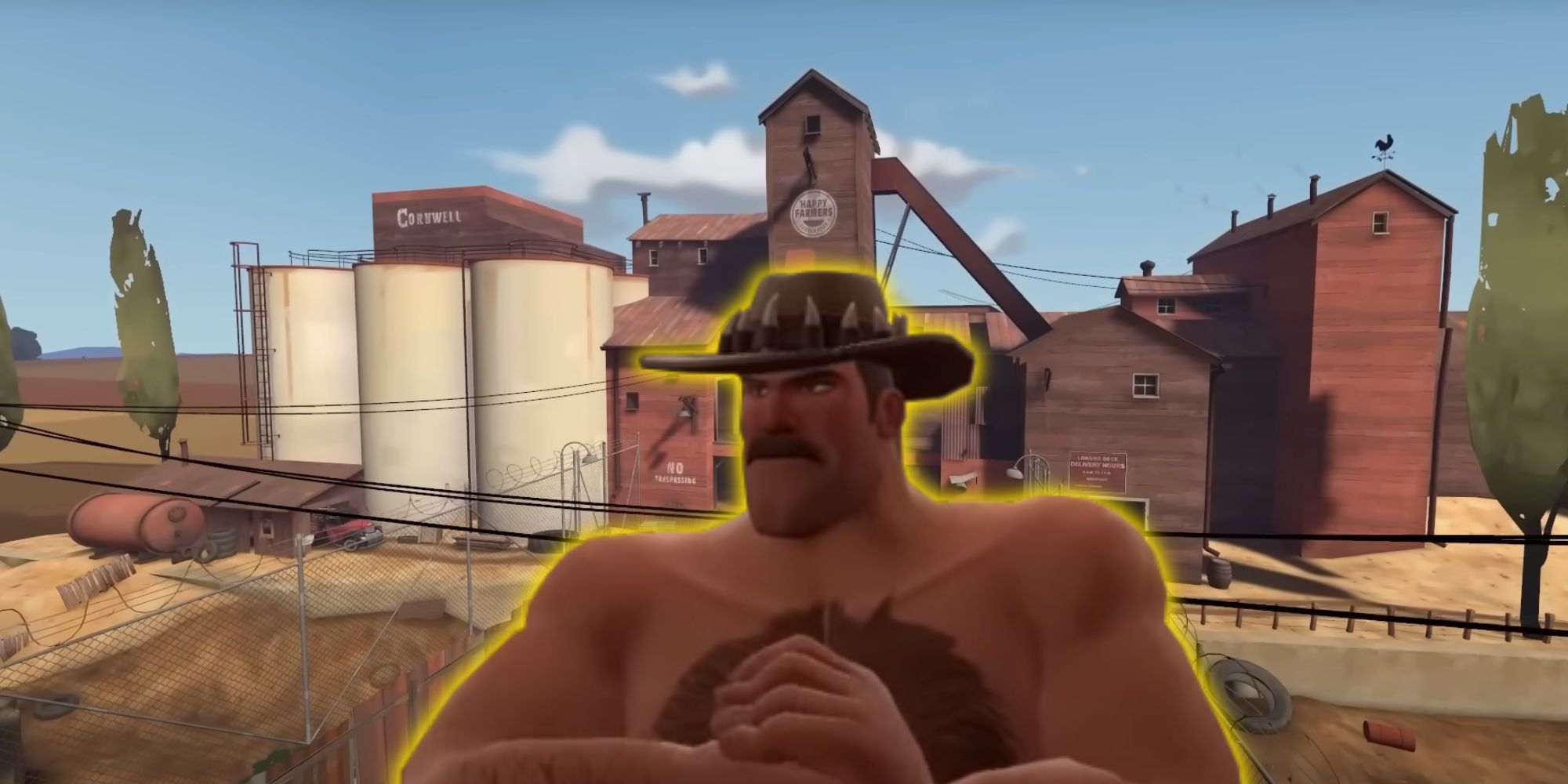 A burly, muscular man with a mustache and a Australian bush style hat overlayed a classic TF2 map.
