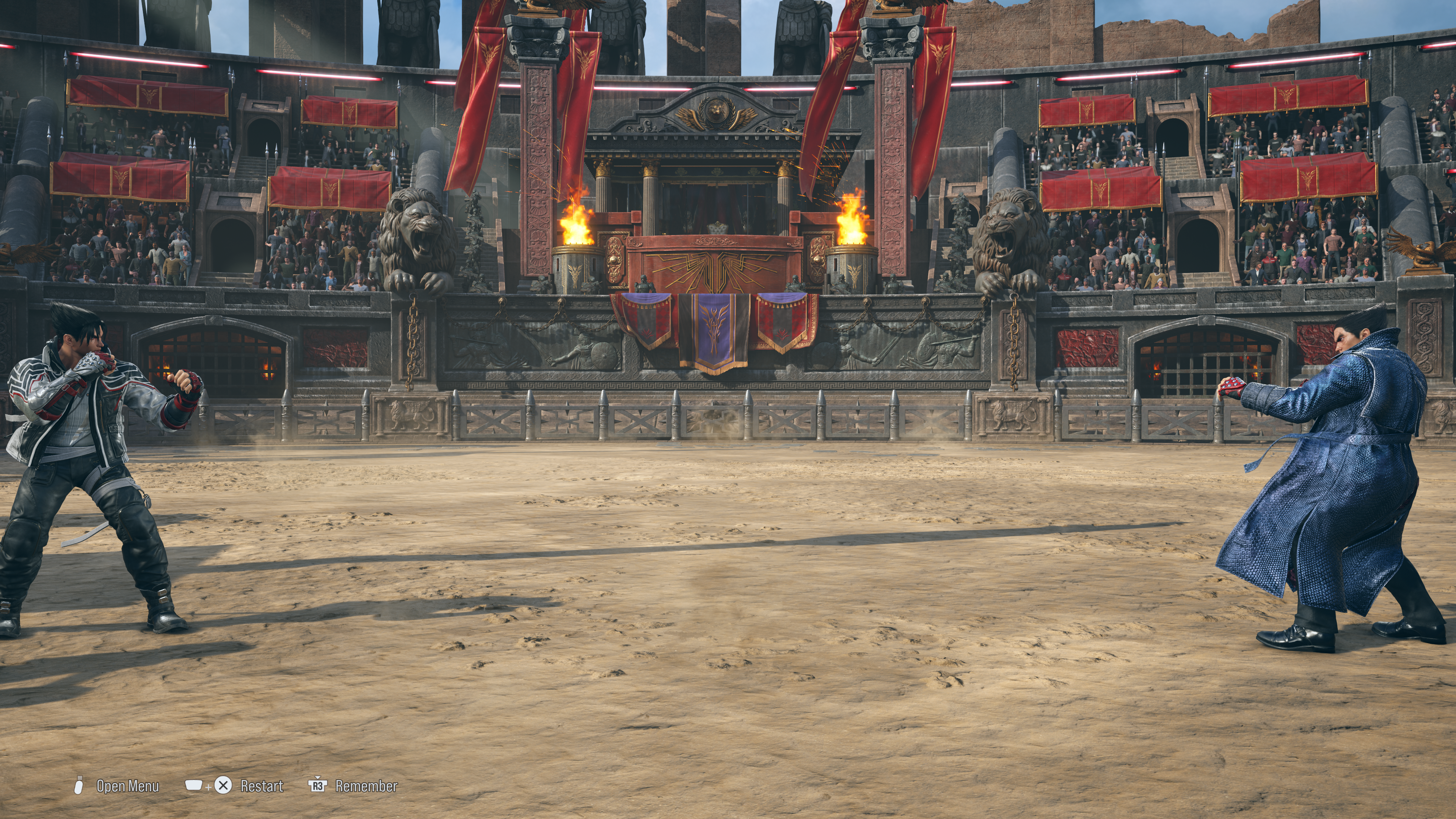 Jin and Kazuya squaring off on the Coliseum of Fate Stage in Tekken 8.