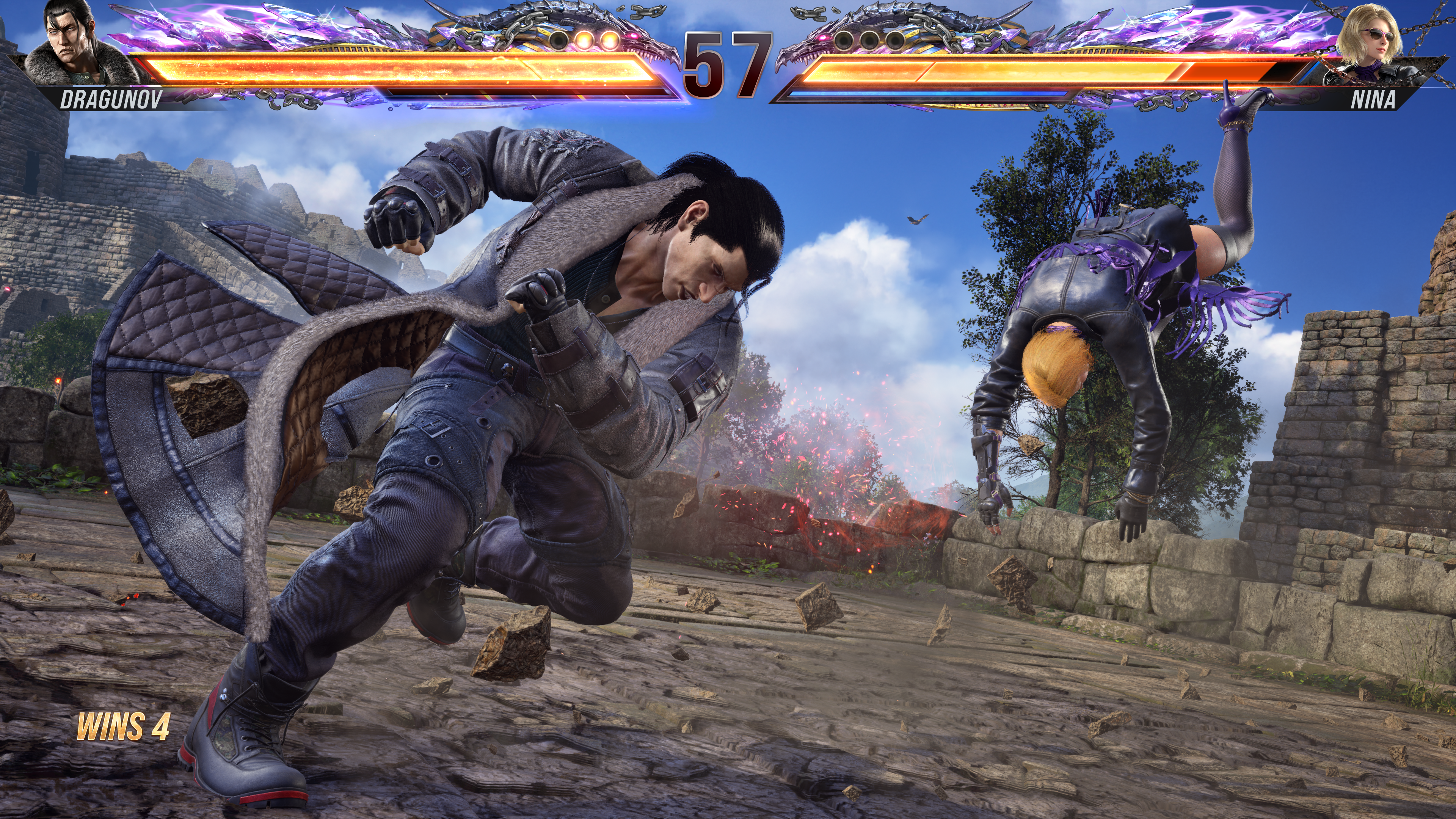 Dragunov executing his Heat Smash on Nina in Tekken 8