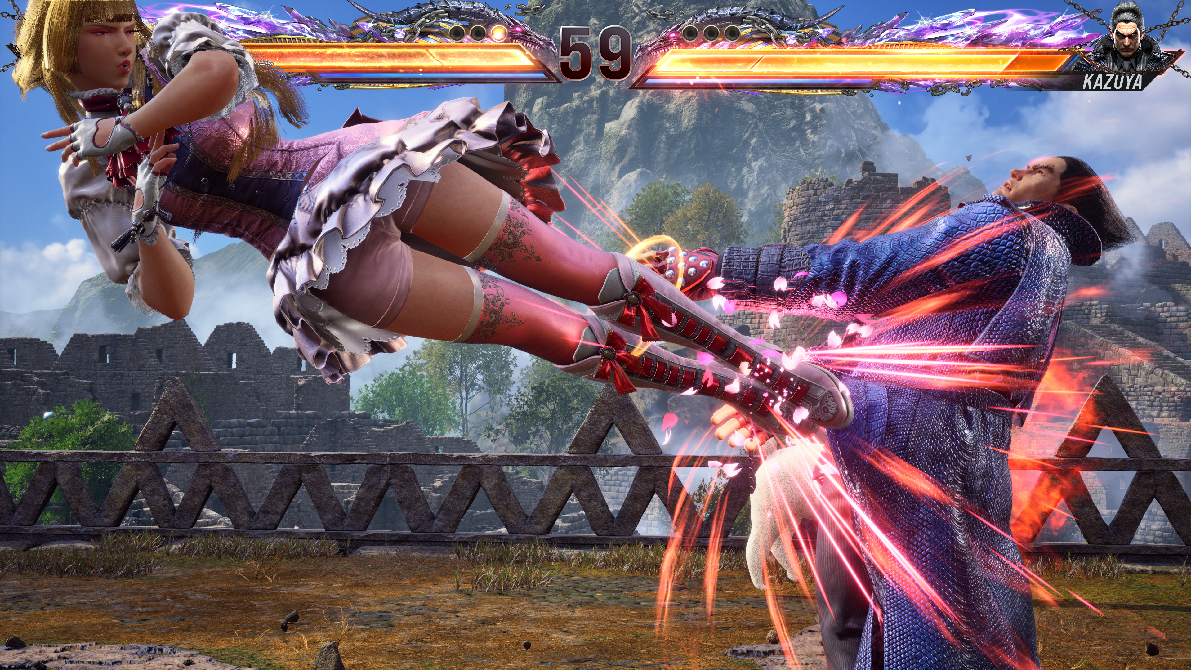 Lili performing a dropkick on Kazuya in Tekken 8