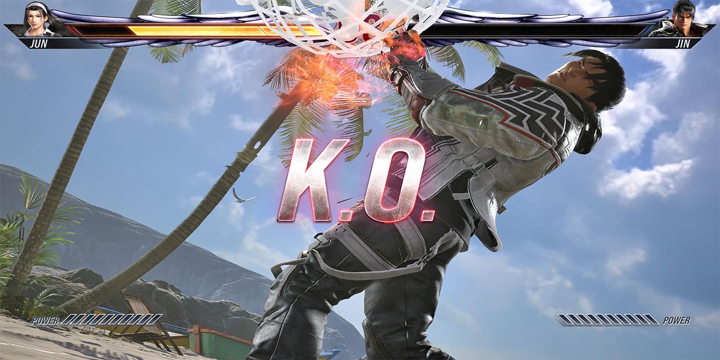 Jin Kazama gets knocked out by a globe during a game of Tekken Ball on the beach in Tekken 8.
