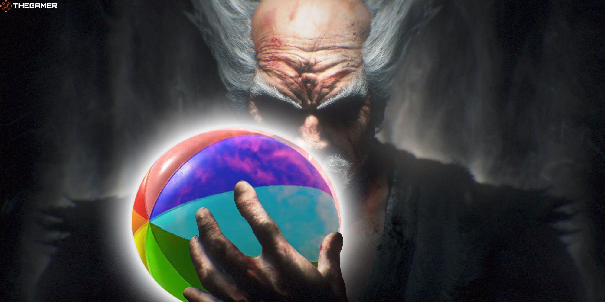 Heihachi Mishima holds a colorful beach ball from Tekken 8.
