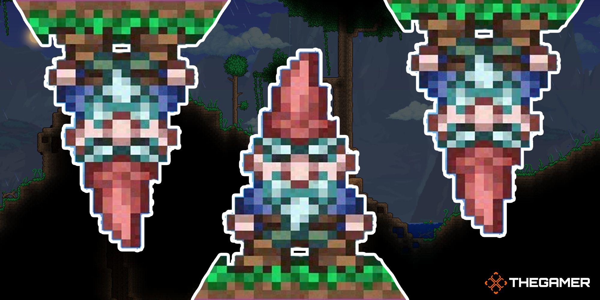 Terraria - Three Garden Gnomes with a landscape background