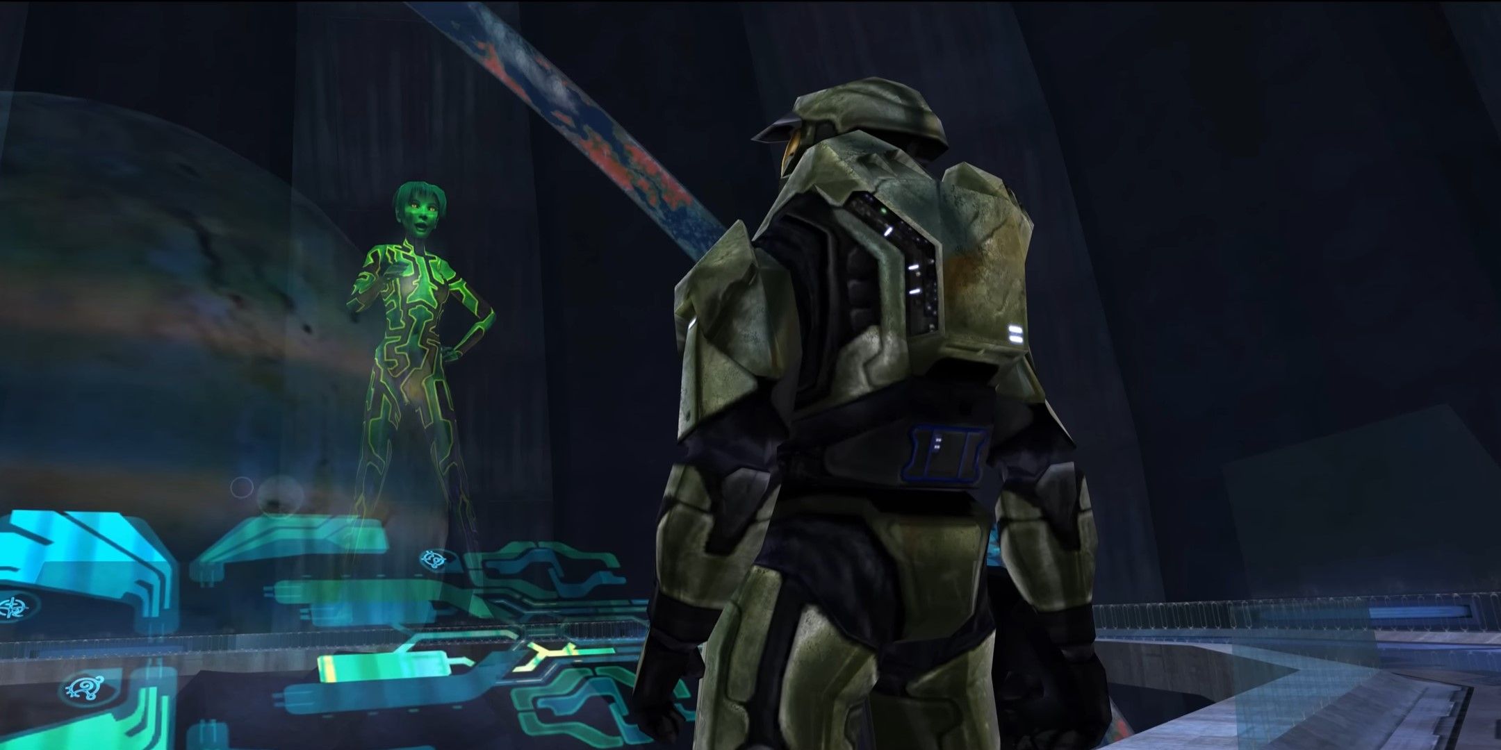 پشت Master Chief در Halo Combat در حالی که با Cortana-1 صحبت می‌کند تکامل یافت