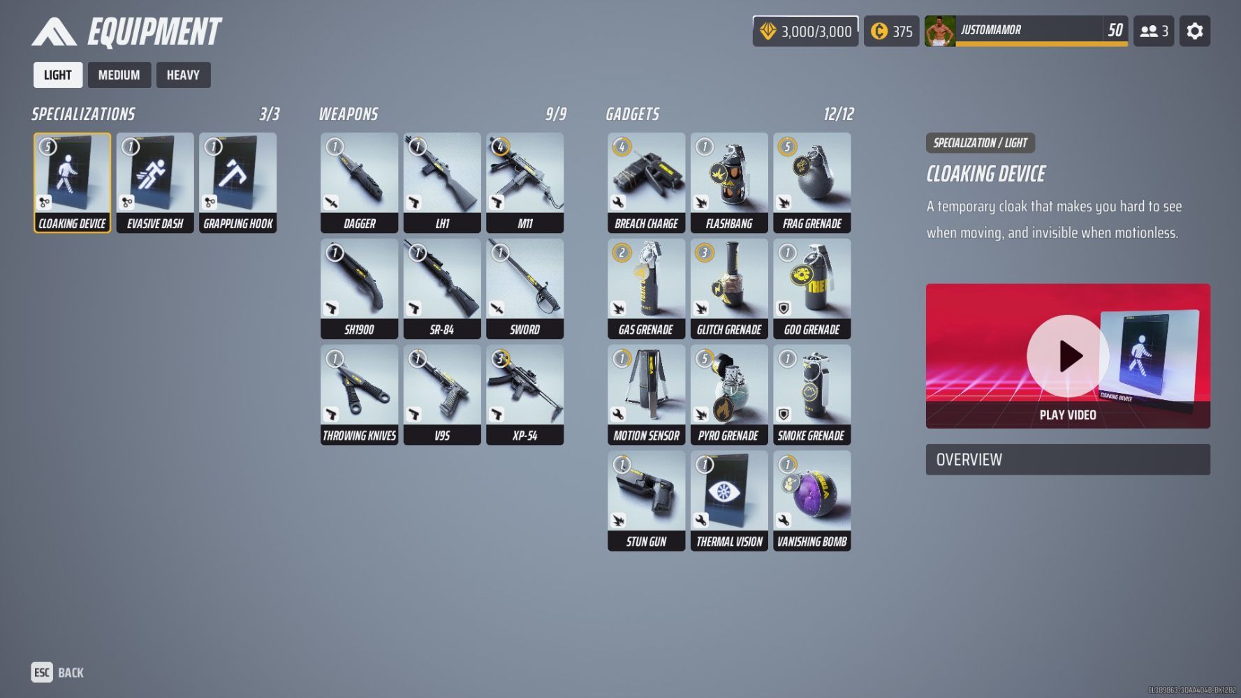 Light Class Equipment Menu With Everything Unlocked in The Finals