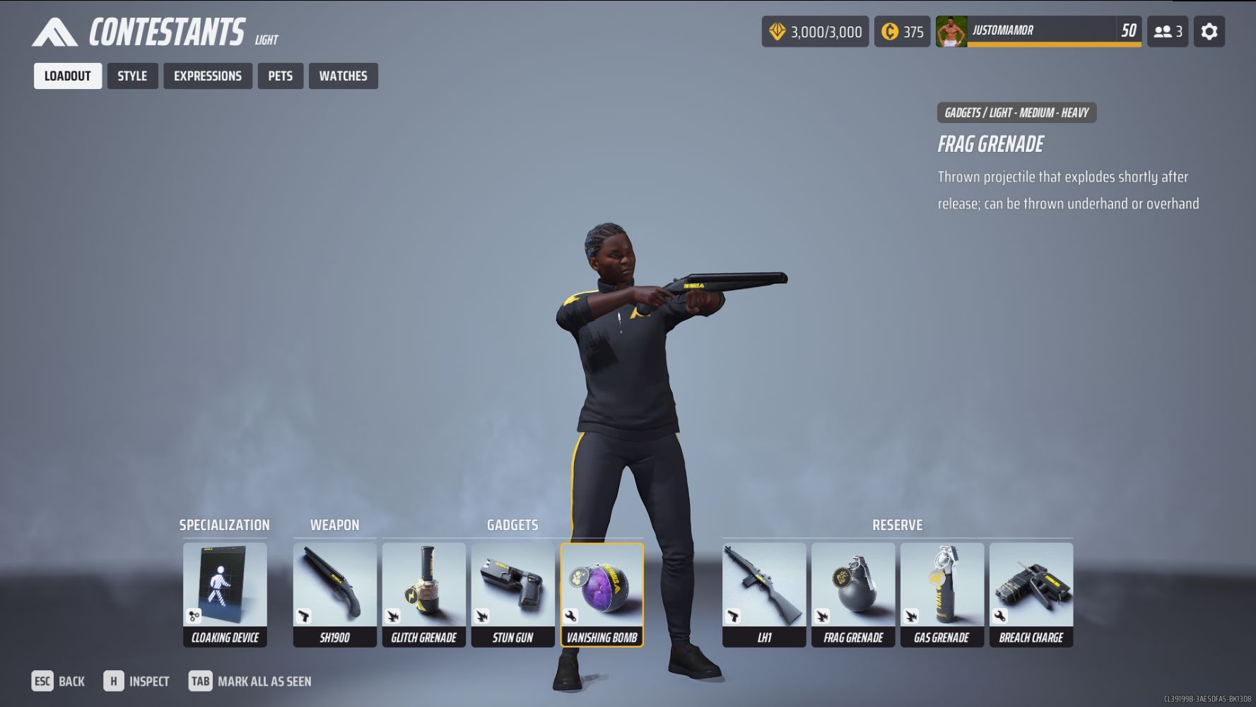 Contestant menu showing the invisibility shotty build for light in the finals