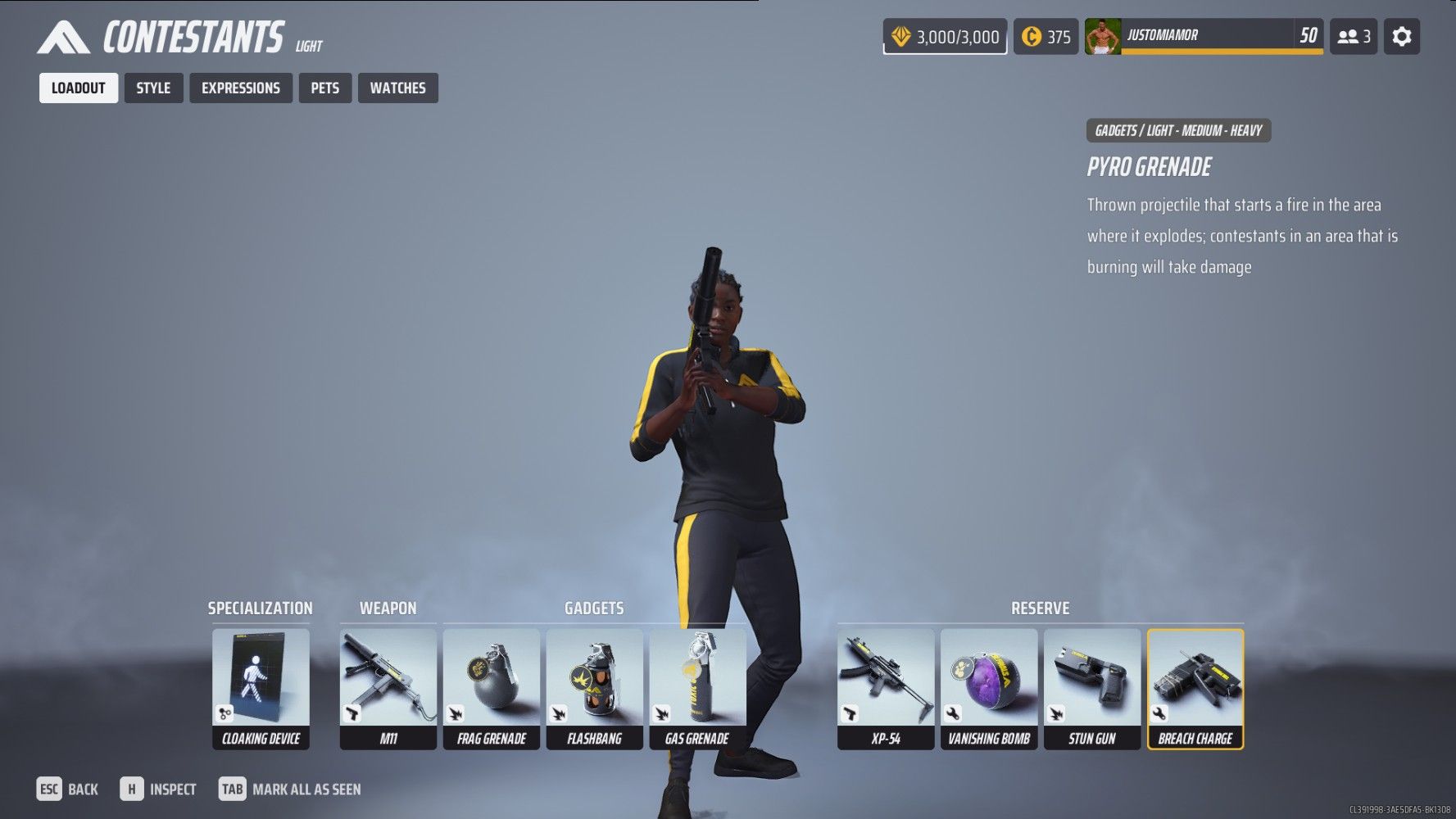 Contestant menu showing the invisibility all-rounder build for light in the finals