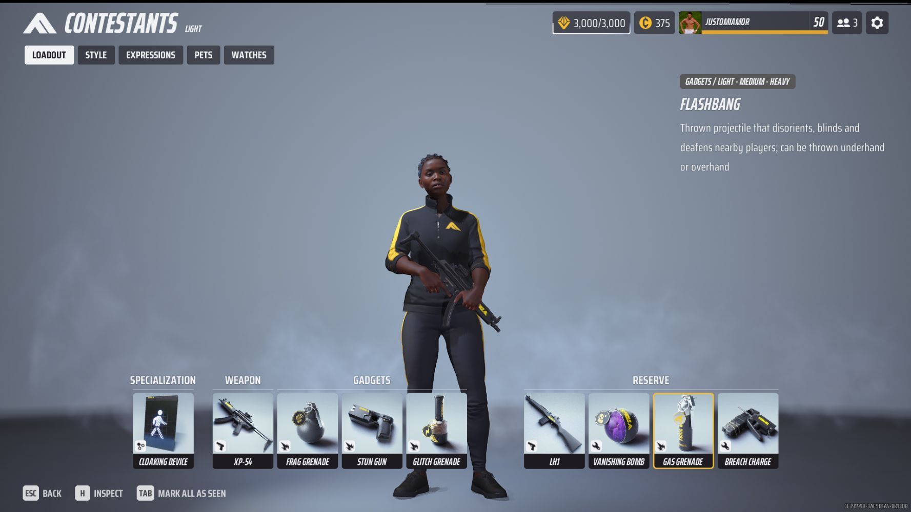 Contestant menu showing the invisibility meta build for light in the finals